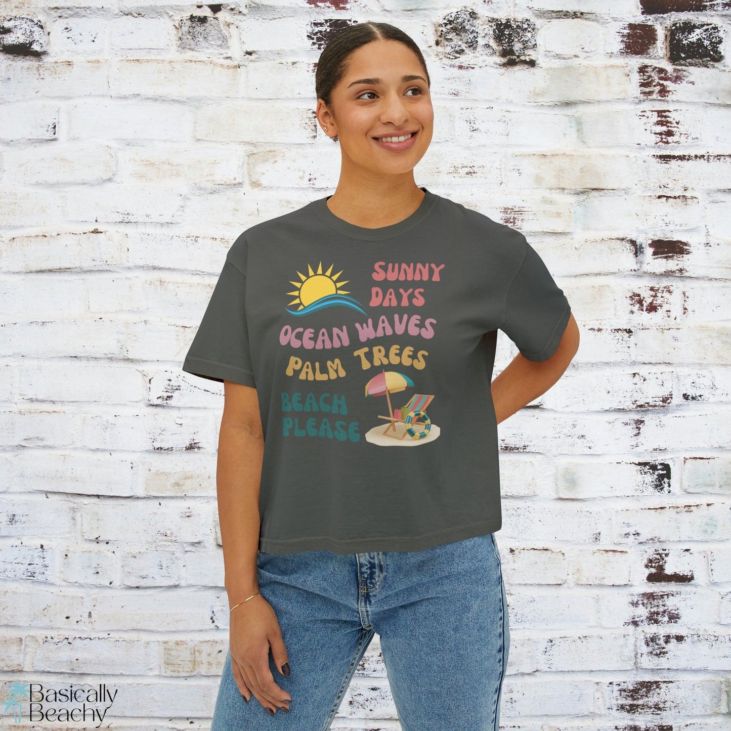 Beach Day Summer Vacation Boxy Crop Top Graphic Tee, Comfort Colors - Basically Beachy