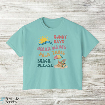 Beach Day Summer Vacation Boxy Crop Top Graphic Tee, Comfort Colors - Basically Beachy