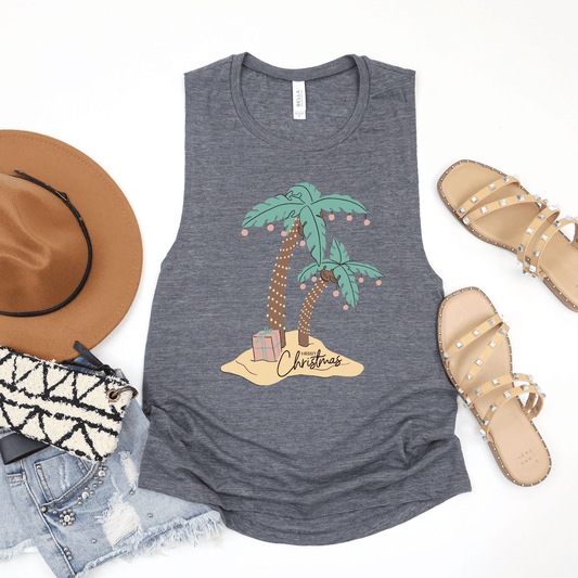 Beach Palm Tree Christmas Women's Flowy Muscle Tank Top - Basically Beachy