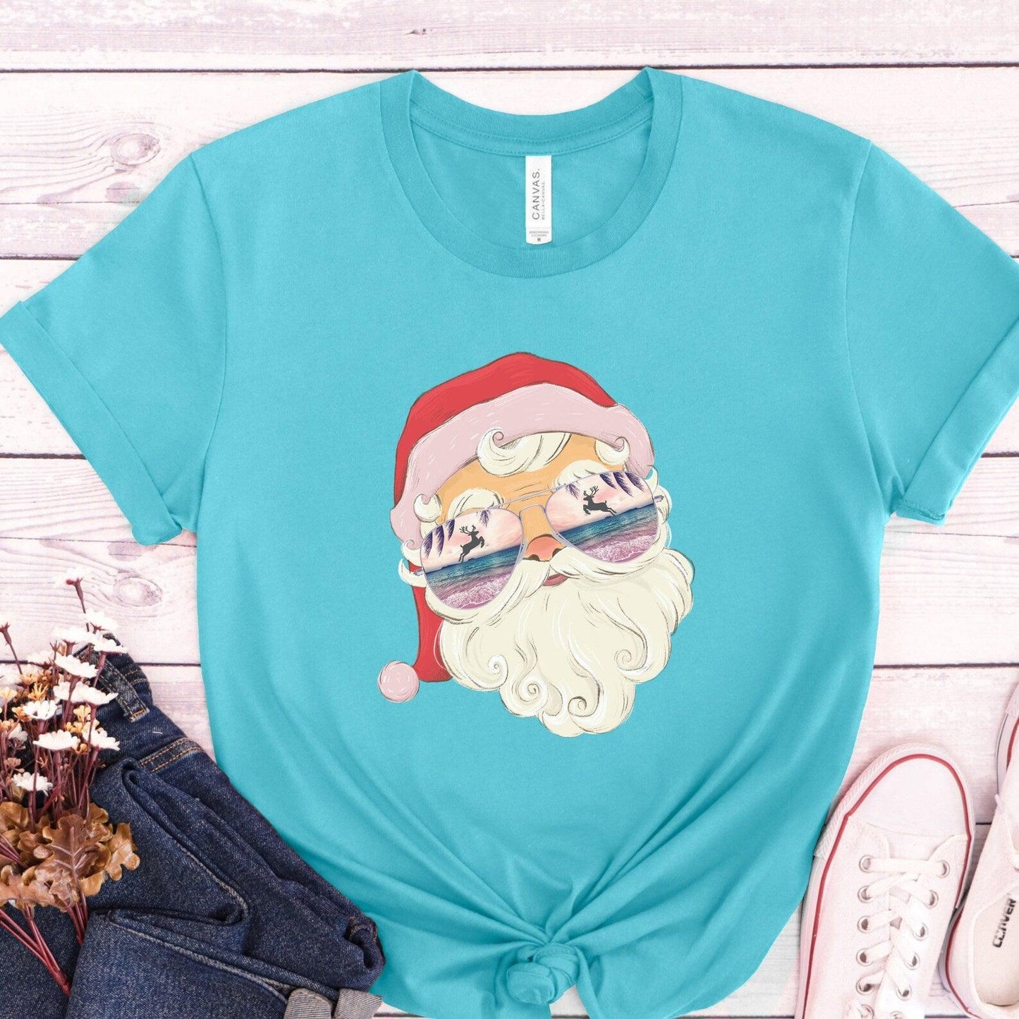 Beach Retro Santa in Sunglasses Christmas T-shirt, Coastal Christmas - Basically Beachy