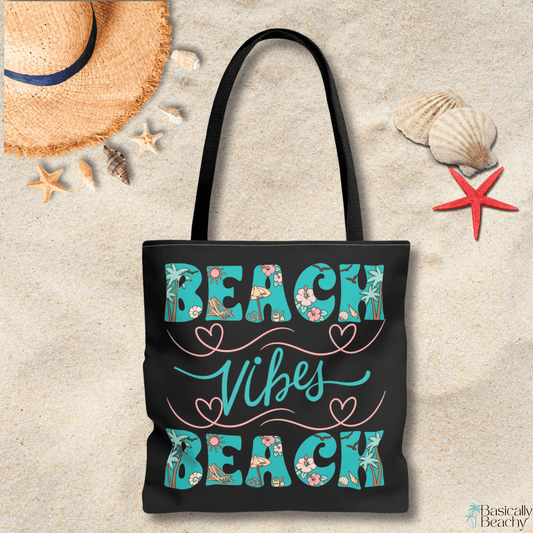 Beach Vibes Tropical Beach Themed Black Tote Bag - Basically Beachy