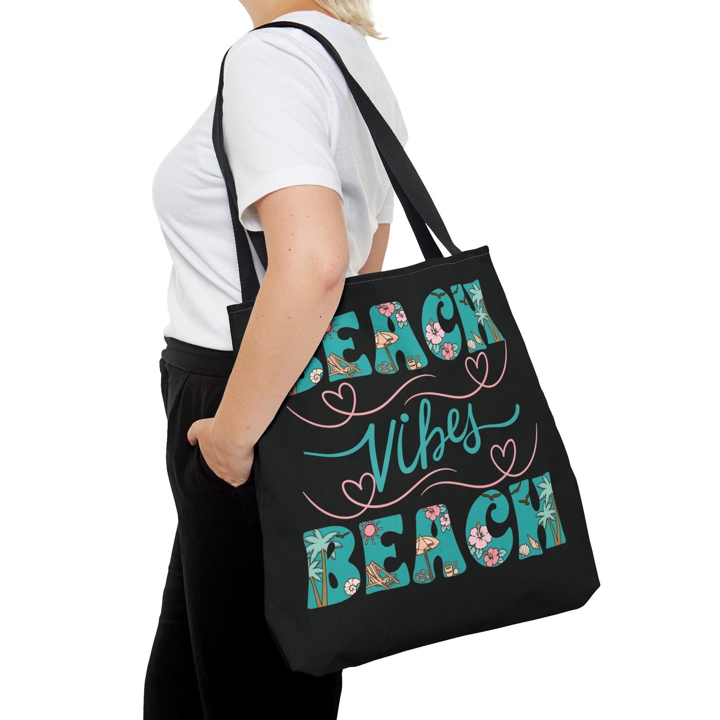 Beach Vibes Tropical Beach Themed Black Tote Bag - Basically Beachy