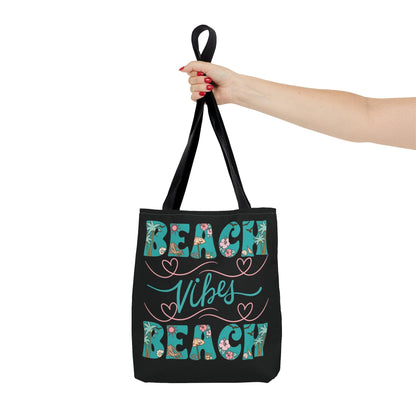 Beach Vibes Tropical Beach Themed Black Tote Bag - Basically Beachy