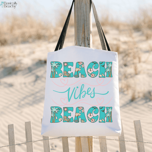 Beach Vibes Tropical Beach Themed Tote Bag, - Basically Beachy