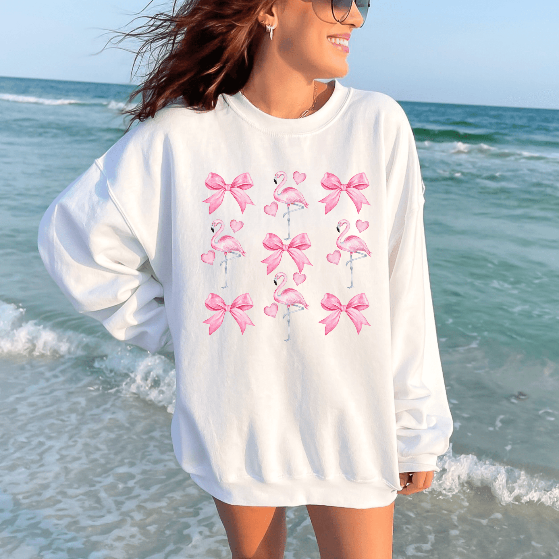 Bows and Pink Flamingos Coquette Sweatshirt - Basically Beachy