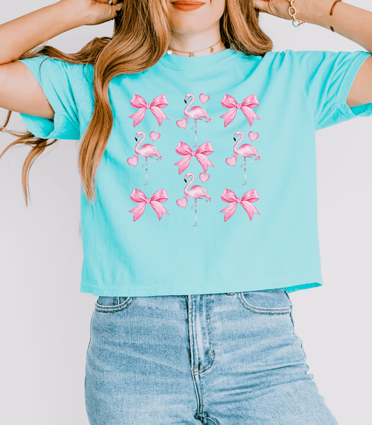 Coquette Bow Flamingo Crop Top Shirt, Comfort Colors - Basically Beachy