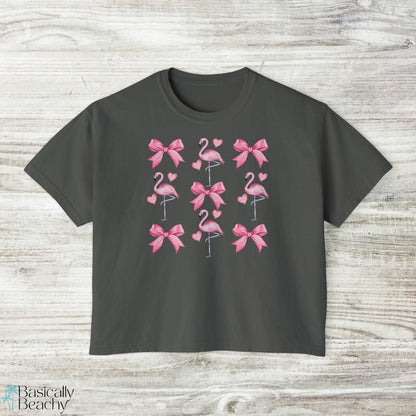 Coquette Bow Flamingo Crop Top Shirt, Comfort Colors - Basically Beachy