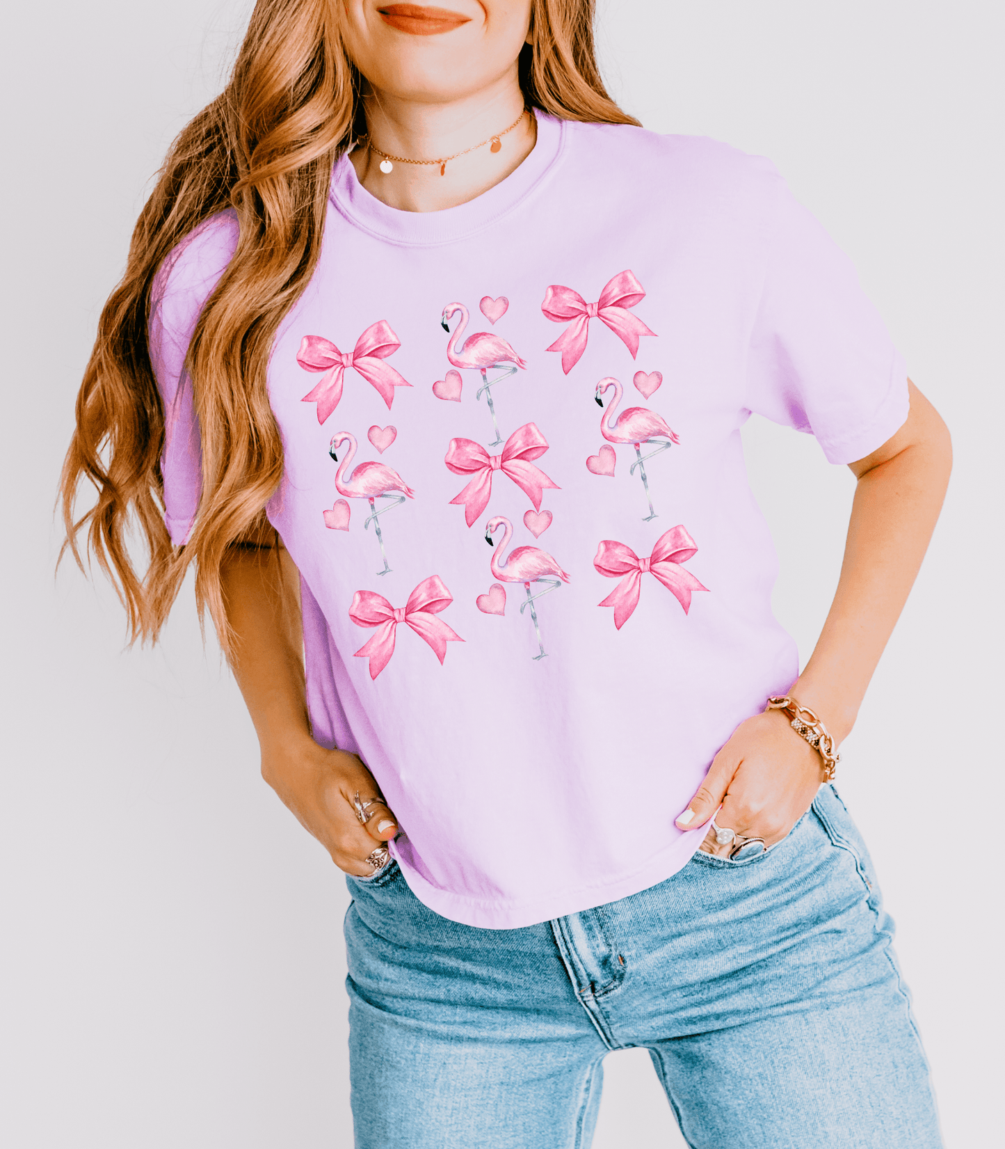 Coquette Bow Flamingo Crop Top Shirt, Comfort Colors - Basically Beachy