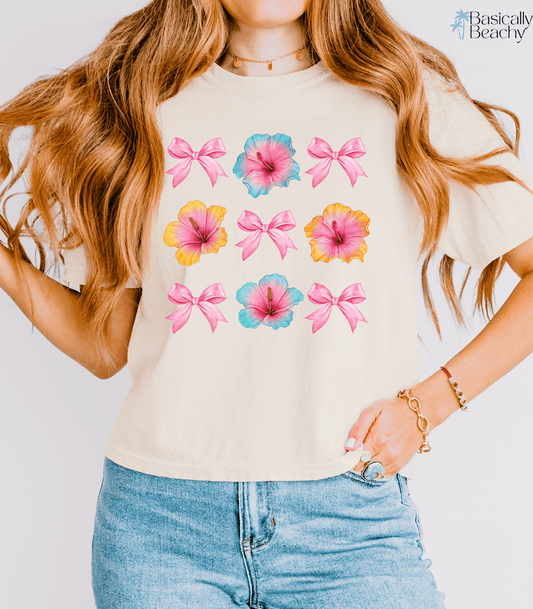 Coquette Hibiscus Pink Bow Crop Top Shirt, Comfort Colors - Basically Beachy