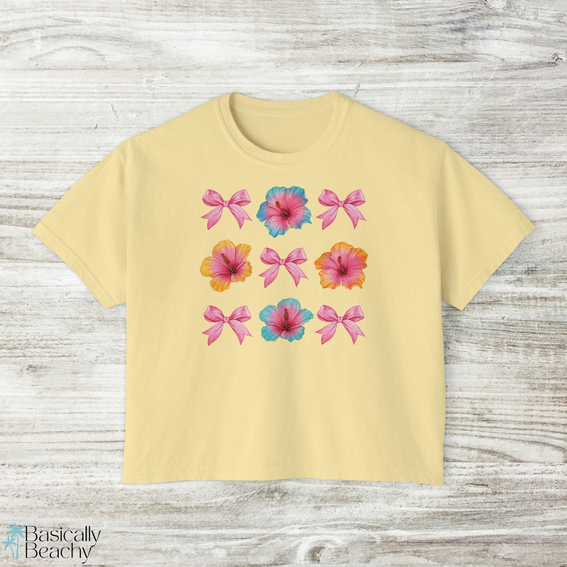 Coquette Hibiscus Pink Bow Crop Top Shirt, Comfort Colors - Basically Beachy