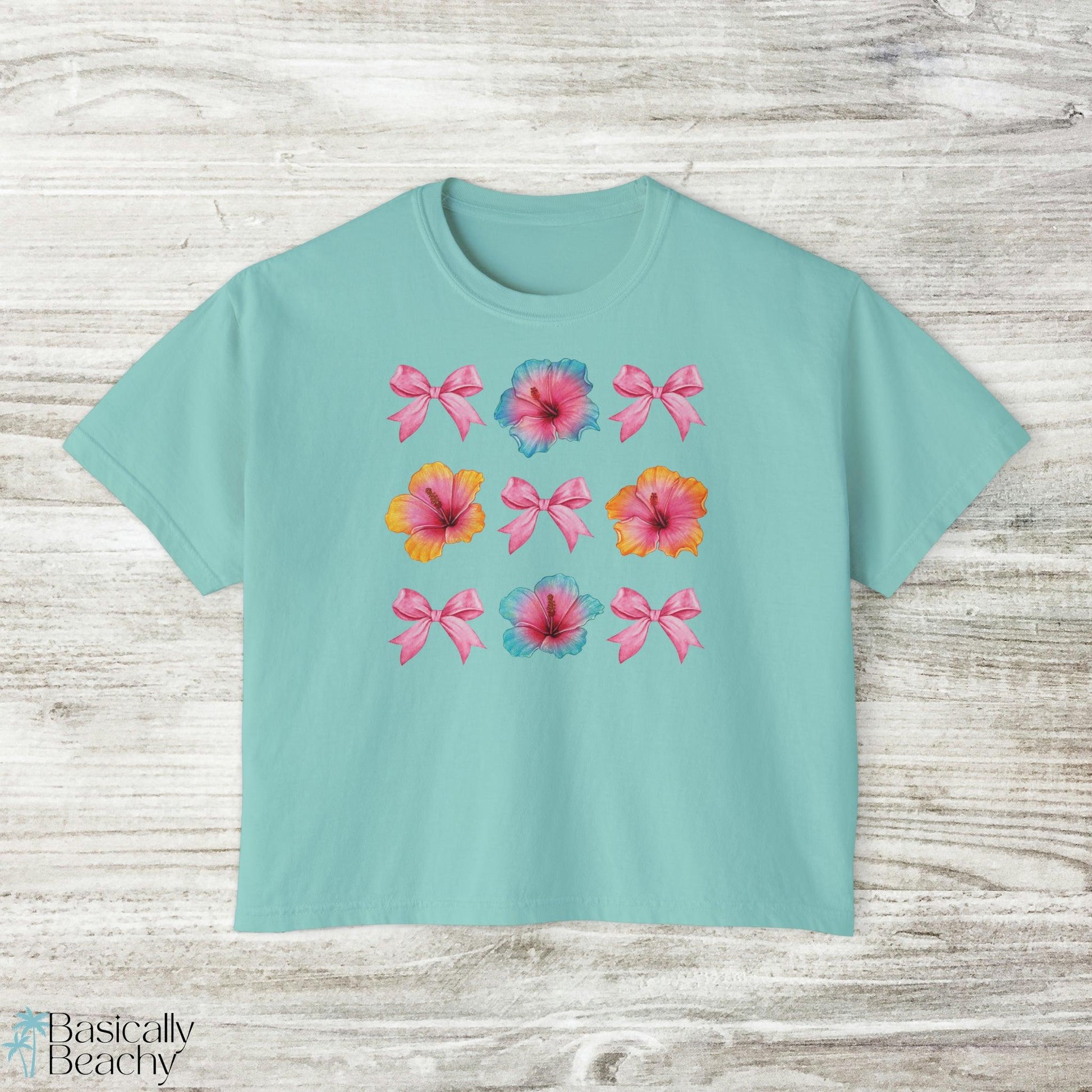 Coquette Hibiscus Pink Bow Crop Top Shirt, Comfort Colors - Basically Beachy