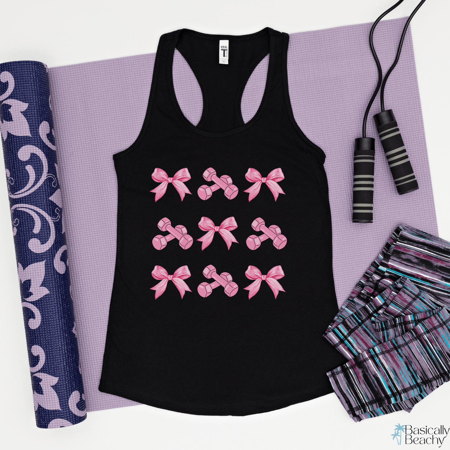 Coquette Pink Dumbbell Bow Workout Tank Top - Basically Beachy