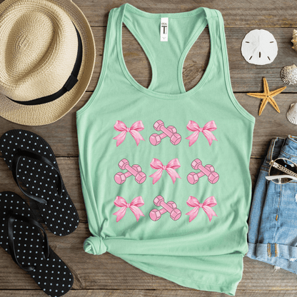 Coquette Pink Dumbbell Bow Workout Tank Top - Basically Beachy