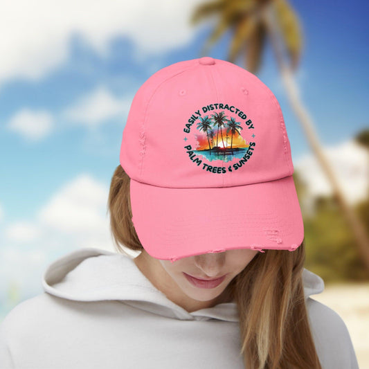 Easily Distracted by Palm Trees and Sunsets, Beachy Distressed Ballcap - Basically Beachy