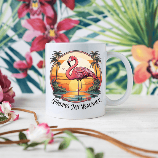 Finding My Balance Pink Flamingo Tropical Coffee Mug, 11 or 15oz - Basically Beachy