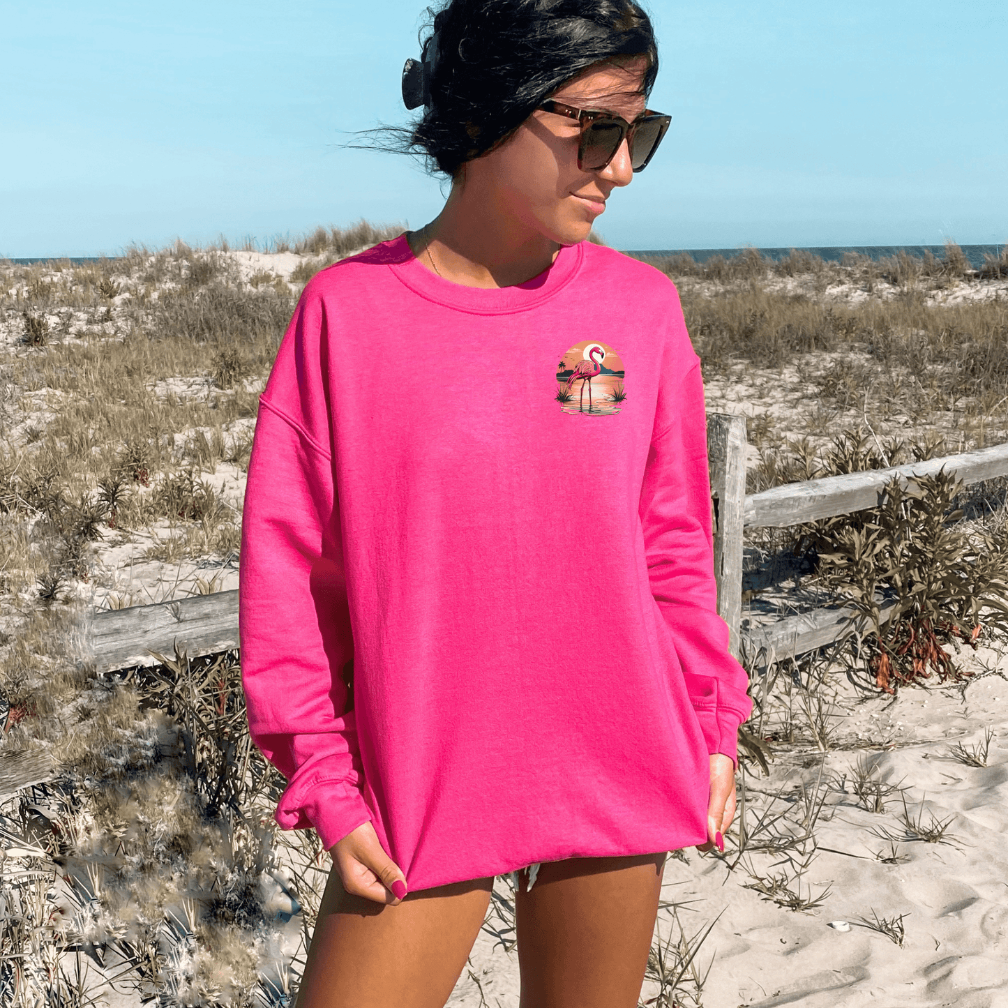 Flamingo Front and Back Printed Sweatshirt, Getting My Pink On - Basically Beachy