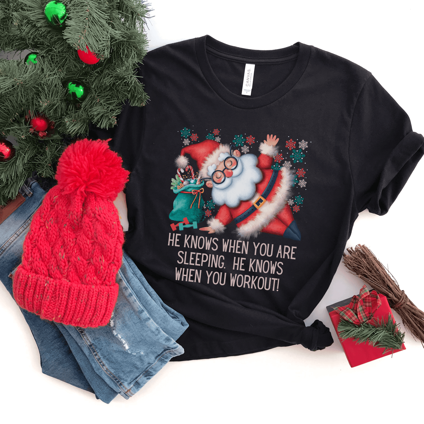 Funny Christmas Santa Knows When You Workout T-shirt - Basically Beachy