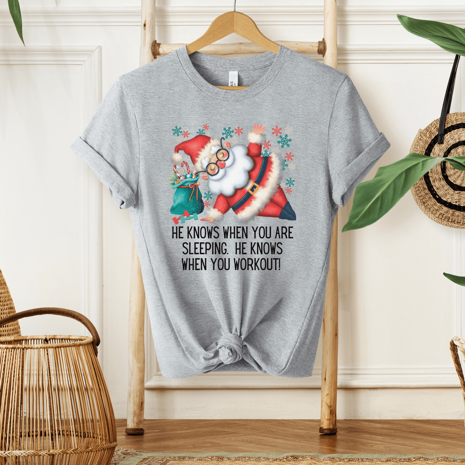 Funny Christmas Santa Knows When You Workout T-shirt - Basically Beachy