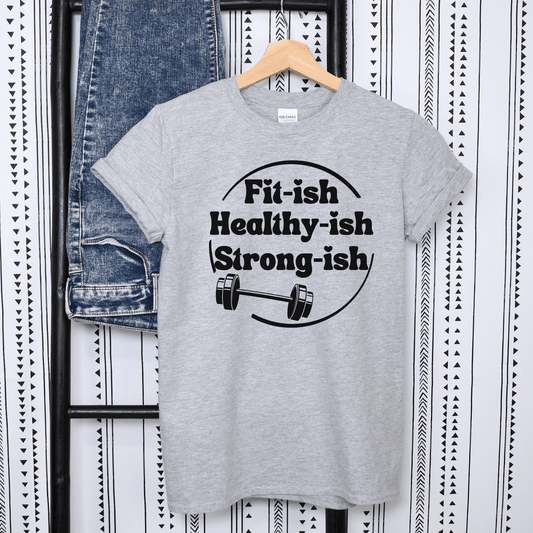 Funny Workout T-Shirt Fititsh Healthyish Strongish, Softstyle Unisex T-shirt - Basically Beachy