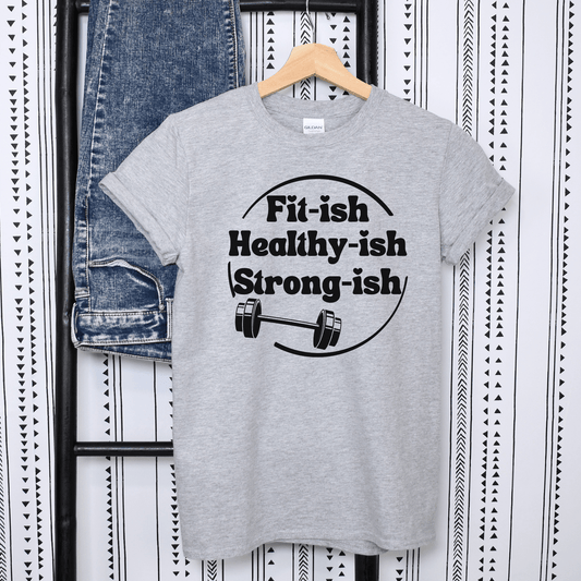 Funny Workout T-Shirt Fititsh Healthyish Strongish, Softstyle Unisex T-shirt - Basically Beachy