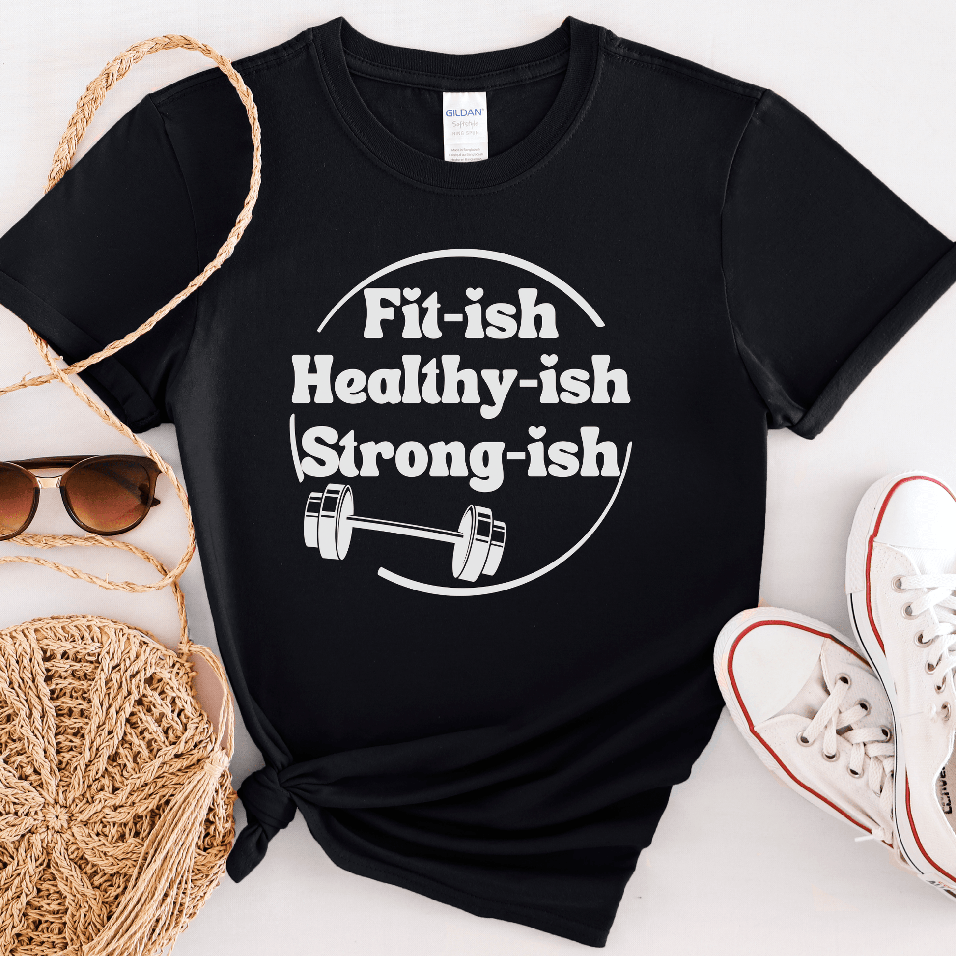 Funny Workout T-Shirt Fititsh Healthyish Strongish, Softstyle Unisex T-shirt - Basically Beachy