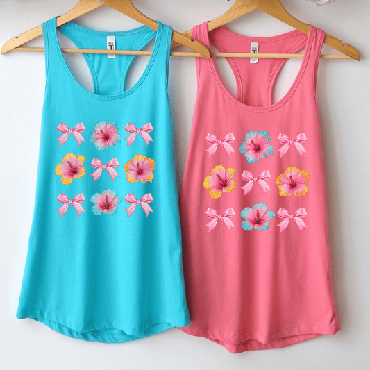 HiIbiscus Flowers and Pink Bows Workout Tank Top - Basically Beachy
