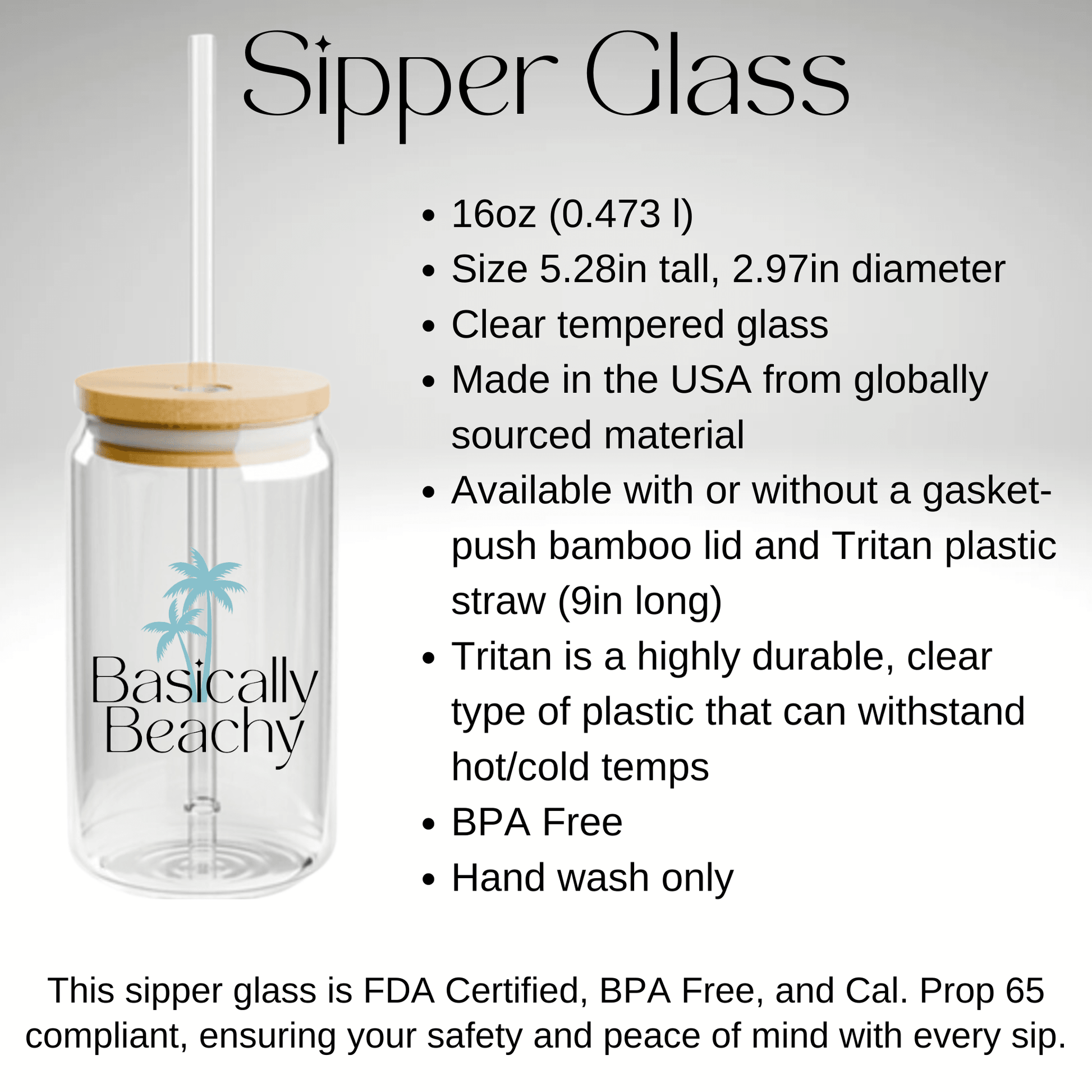 Pink Drink Glass Sipper Cup with Wood Lid and Straw, 16oz - Basically Beachy