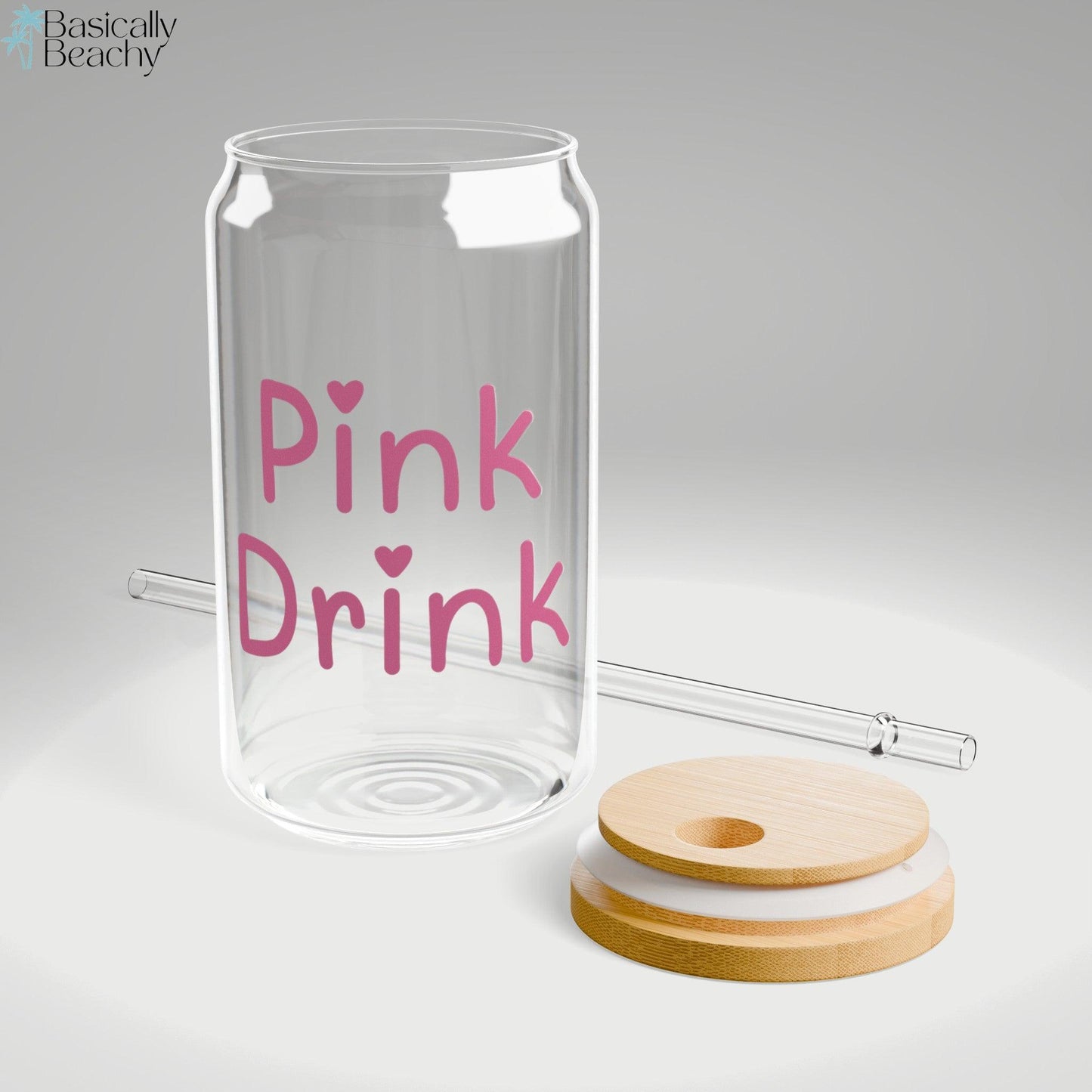 Pink Drink Glass Sipper Cup with Wood Lid and Straw, 16oz - Basically Beachy