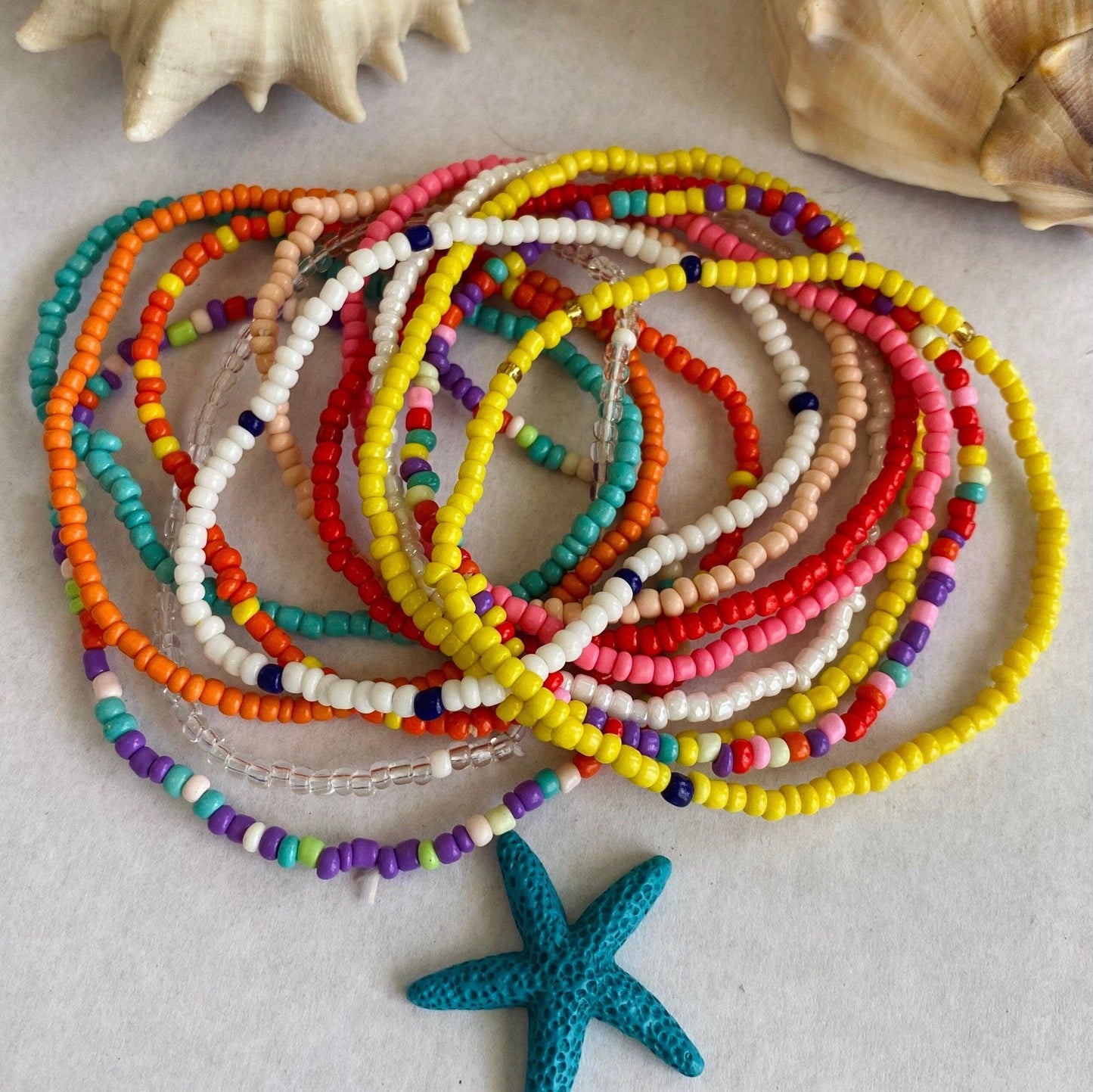 Stretchy Small Anklets or Large Bracelets, Set of 13 Colorful Rice Bead Bracelets - Basically Beachy