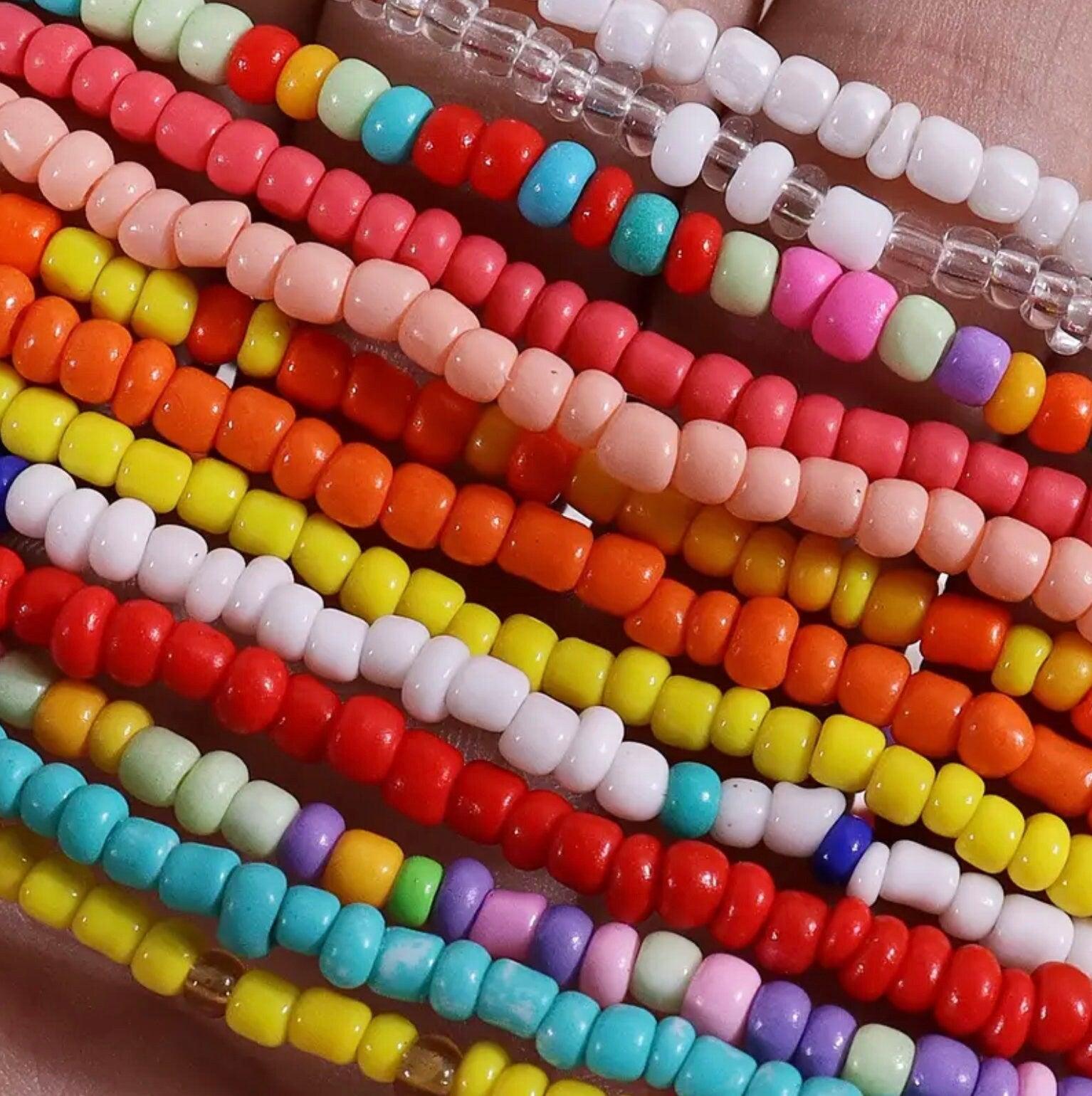 Stretchy Small Anklets or Large Bracelets, Set of 13 Colorful Rice Bead Bracelets - Basically Beachy