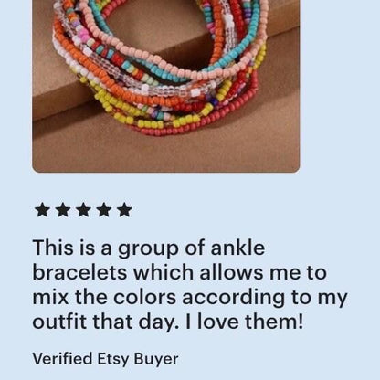 Stretchy Small Anklets or Large Bracelets, Set of 13 Colorful Rice Bead Bracelets - Basically Beachy