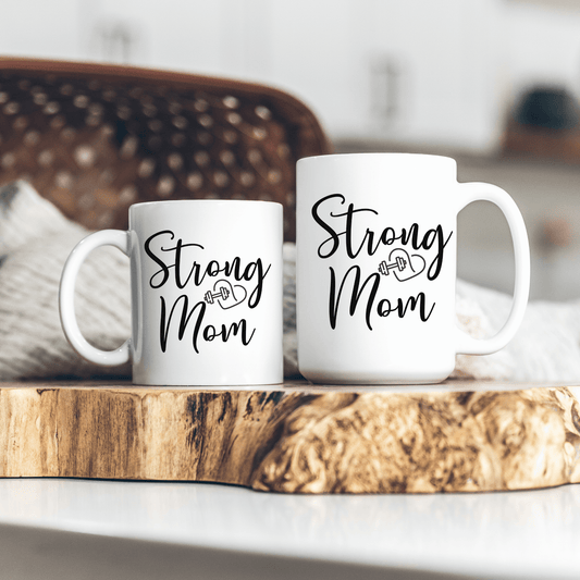 Strong Mom White Ceramic Coffee Mug, 11oz or 15oz - Basically Beachy