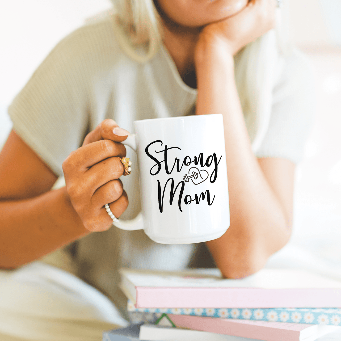 Strong Mom White Ceramic Coffee Mug, 11oz or 15oz - Basically Beachy