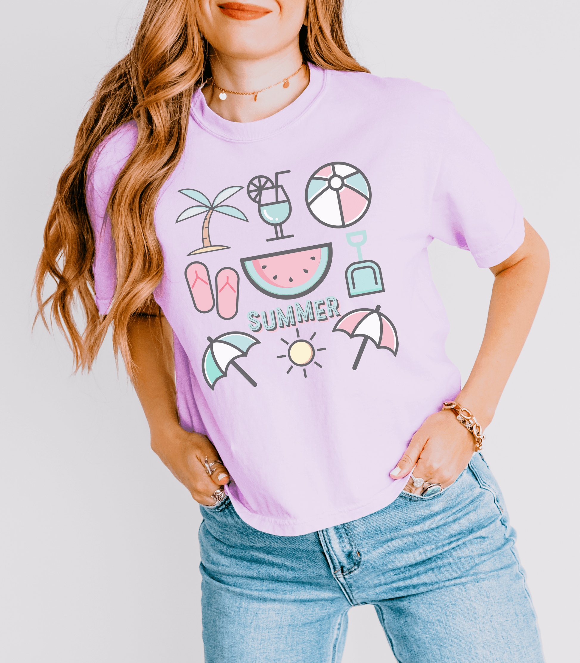 Summer Beach Favorites Crop Top Graphic Tee, Comfort Colors - Basically Beachy