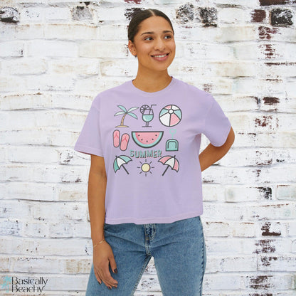 Summer Beach Favorites Crop Top Graphic Tee, Comfort Colors - Basically Beachy