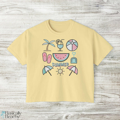 Summer Beach Favorites Crop Top Graphic Tee, Comfort Colors - Basically Beachy