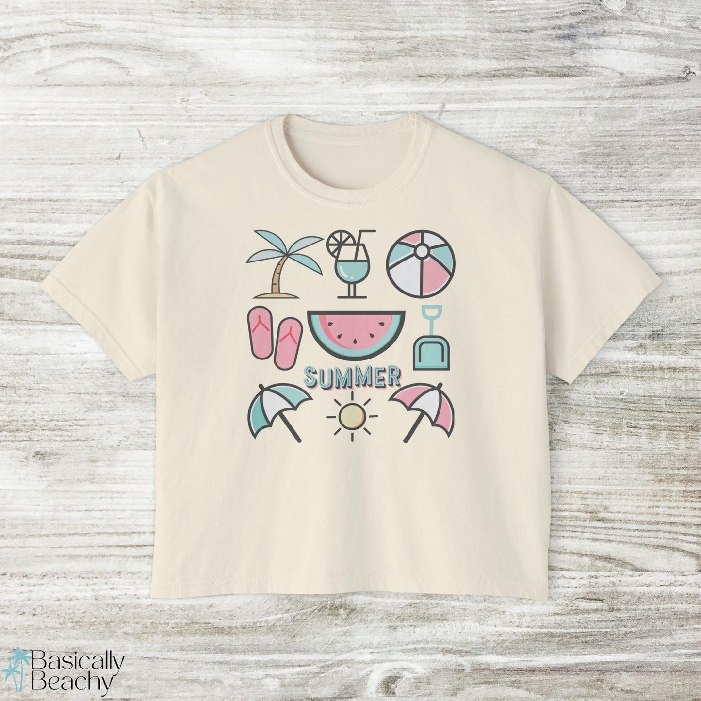 Summer Beach Favorites Crop Top Graphic Tee, Comfort Colors - Basically Beachy