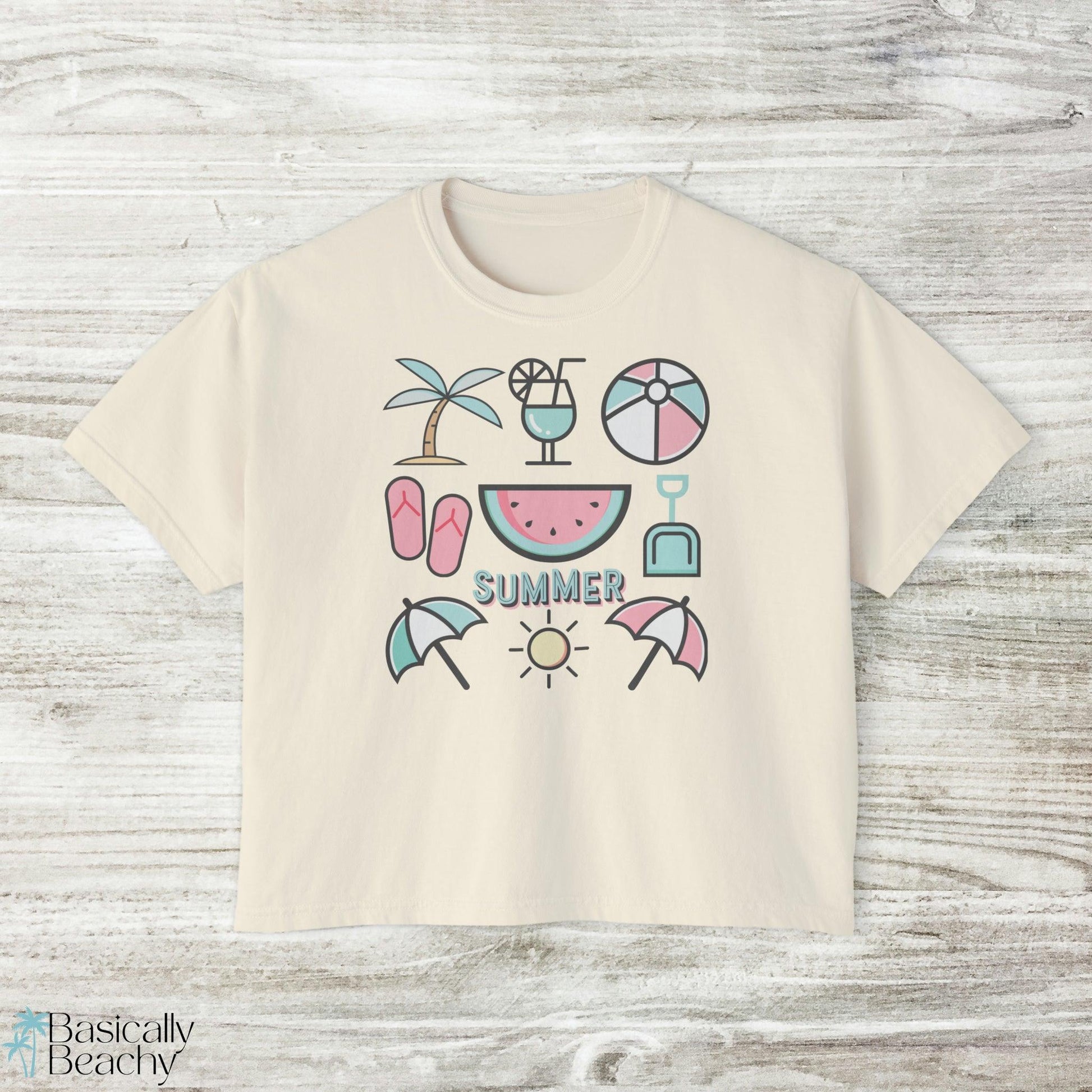 Summer Beach Favorites Crop Top Graphic Tee, Comfort Colors - Basically Beachy