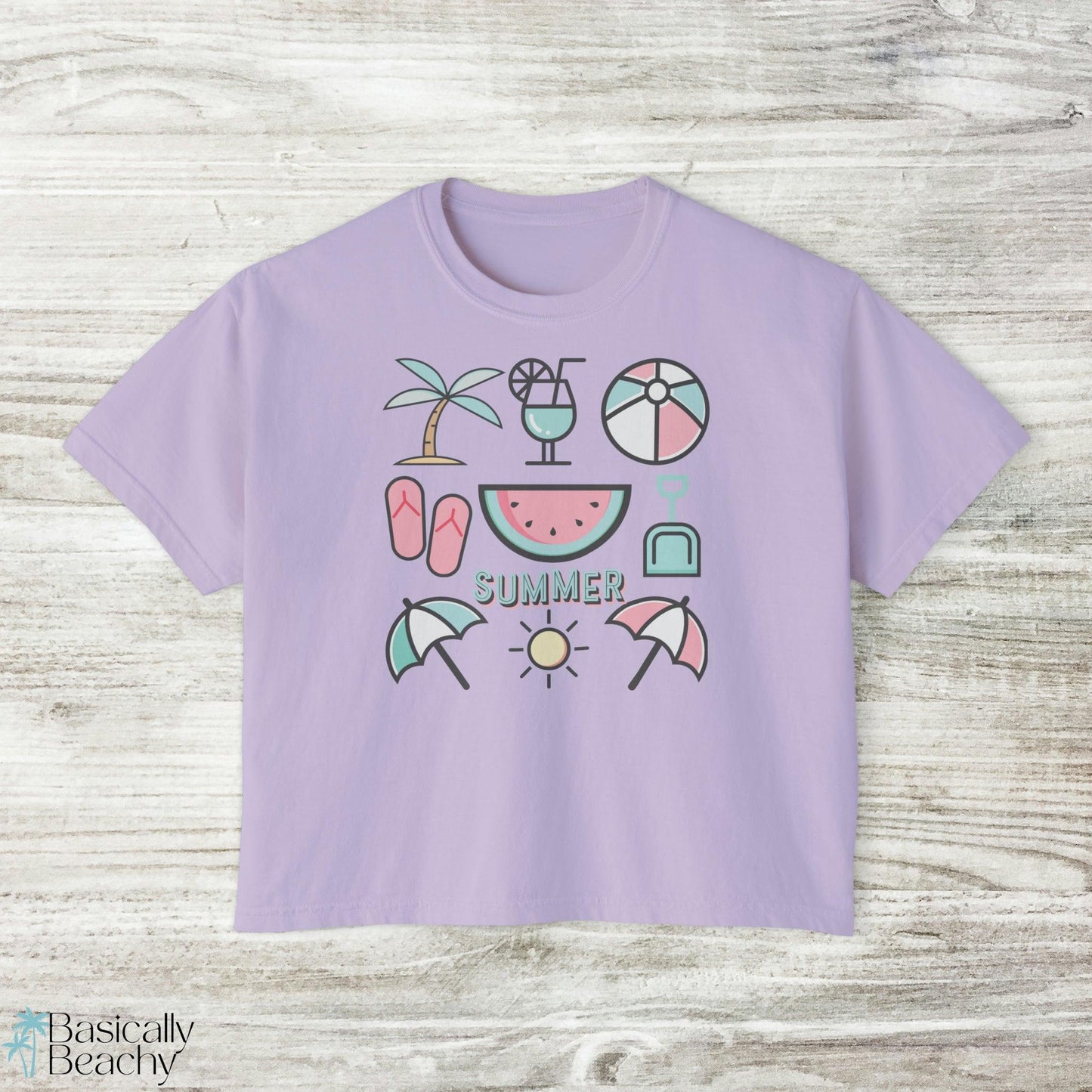 Summer Beach Favorites Crop Top Graphic Tee, Comfort Colors - Basically Beachy