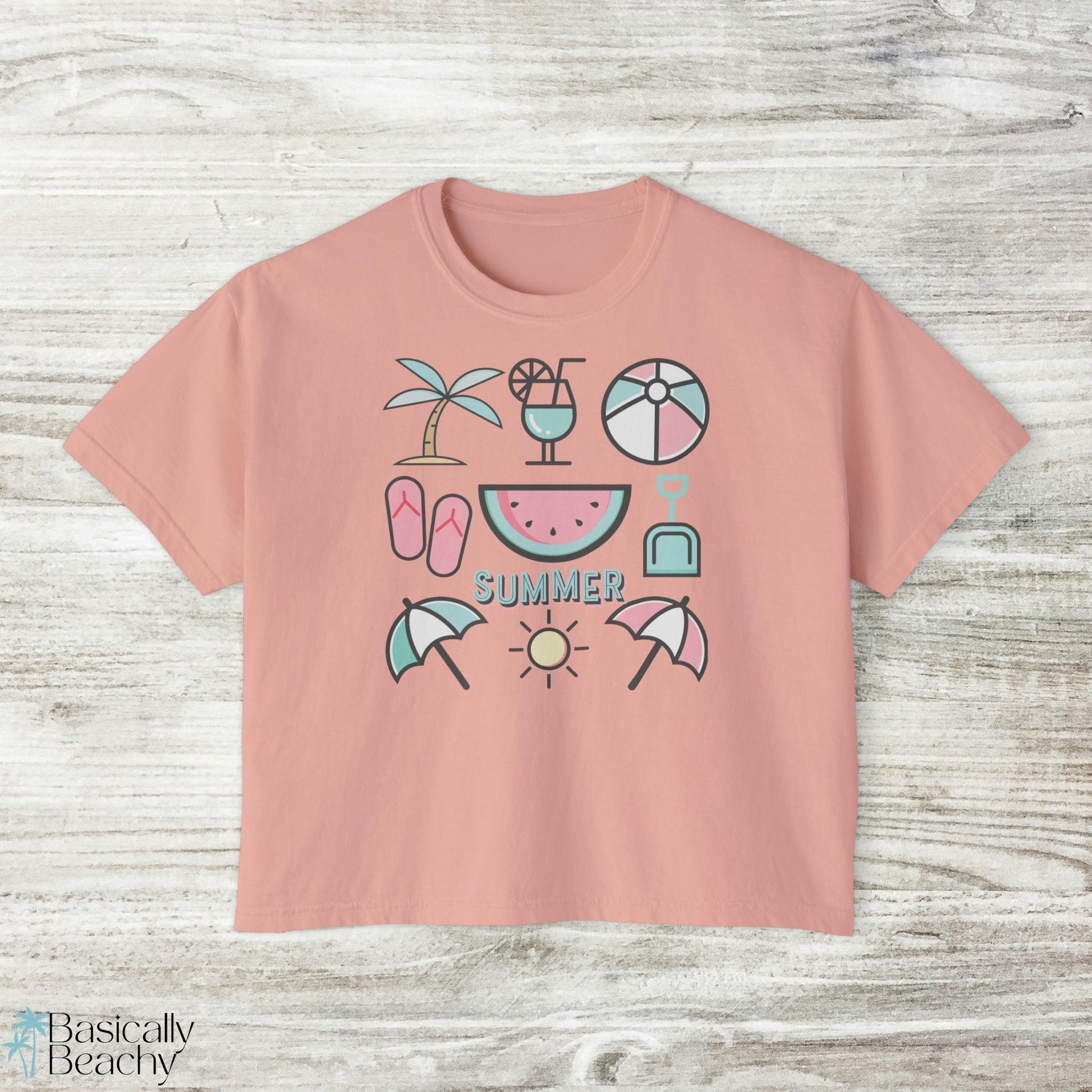 Summer Beach Favorites Crop Top Graphic Tee, Comfort Colors - Basically Beachy