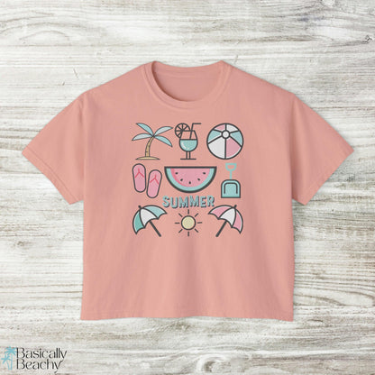 Summer Beach Favorites Crop Top Graphic Tee, Comfort Colors - Basically Beachy