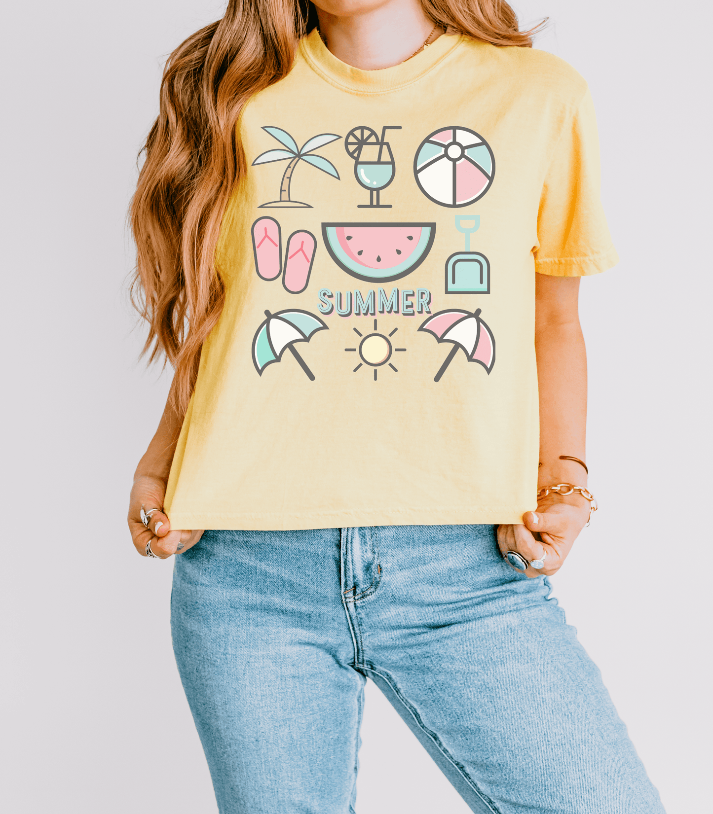 Summer Beach Favorites Crop Top Graphic Tee, Comfort Colors - Basically Beachy