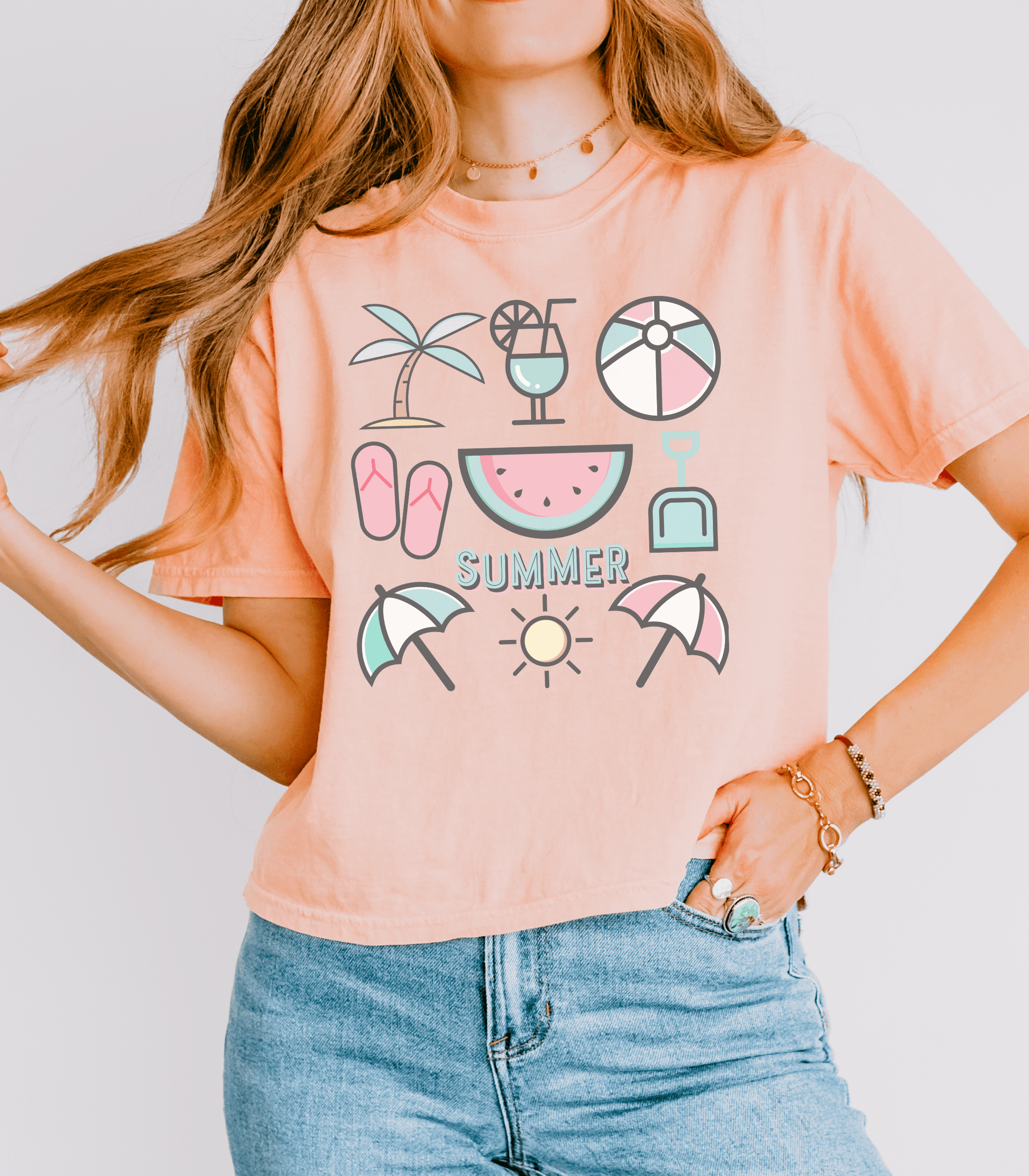 Summer Beach Favorites Crop Top Graphic Tee, Comfort Colors - Basically Beachy