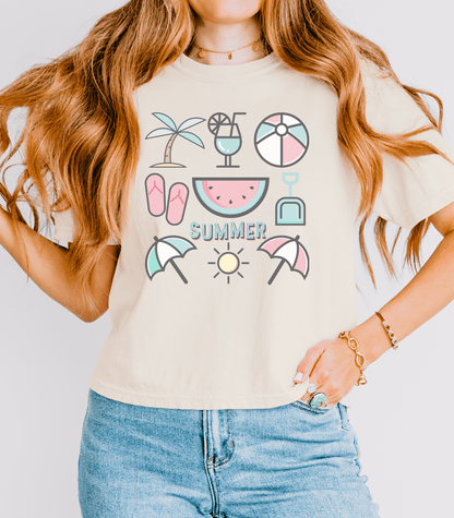 Summer Beach Favorites Crop Top Graphic Tee, Comfort Colors - Basically Beachy