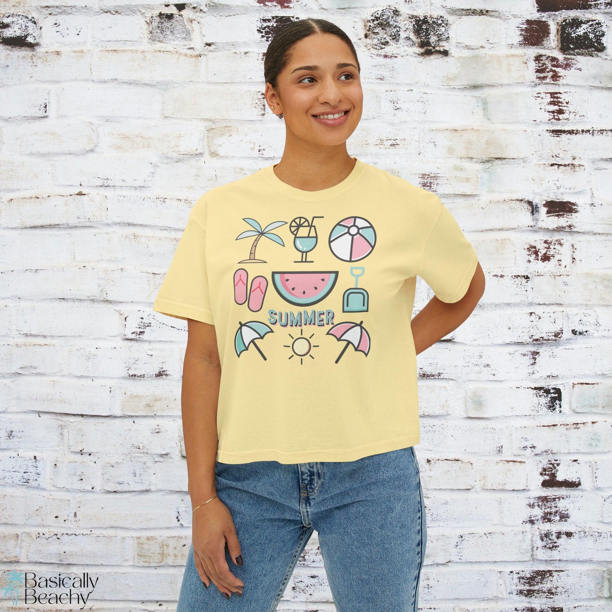 Summer Beach Favorites Crop Top Graphic Tee, Comfort Colors - Basically Beachy