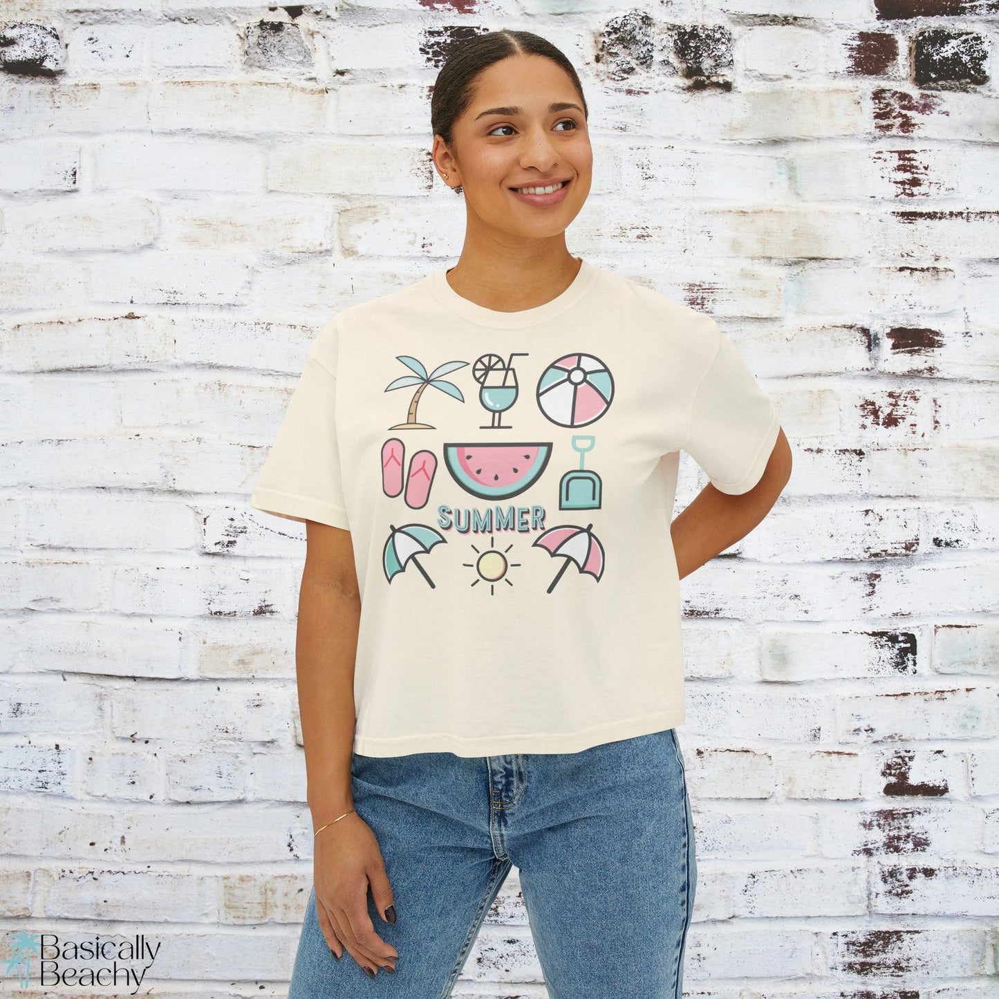 Summer Beach Favorites Crop Top Graphic Tee, Comfort Colors - Basically Beachy