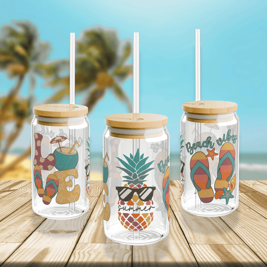 Summer Love Beach Vibes Tropical Glass Sipper Cup, 16oz - Basically Beachy