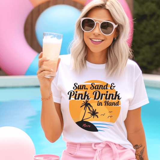 Sun Sand Pink Drink in Hand Tropical Plexus T-Shirt - Basically Beachy