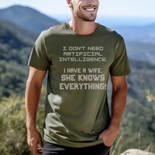 AI Humor Shirt for Husband - Funny Wife Knows Everything Tee - Basically Beachy