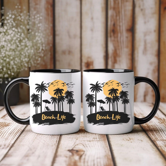 Beach Life Palm Tree Tropical 11oz Black and White Coffee Mug - Basically Beachy